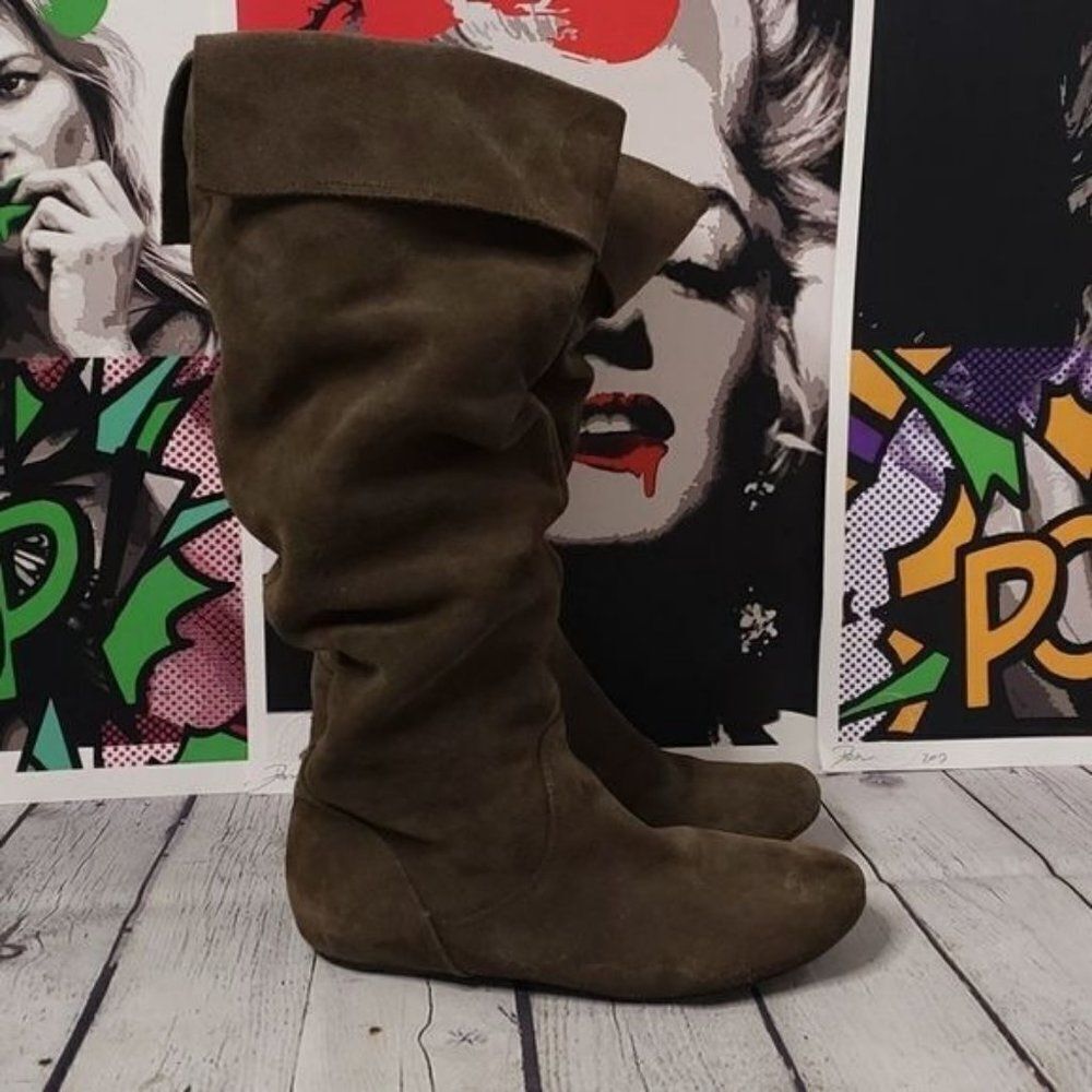 Y2K Vintage Boho Brown Suede Flat Knee High Boots Bakers - Picture 2 of 9